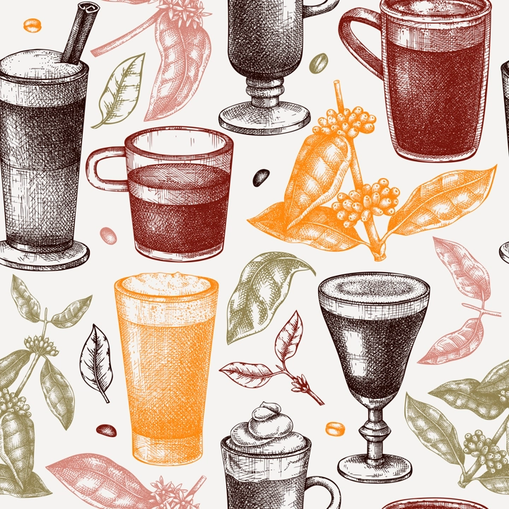 Hand-sketched coffee seamless pattern. Vector sketches of mugs with aromatic caffeine drinks background. With botanical coffee plants, leaves, and beans in vintage style. Vector beverages backdrop